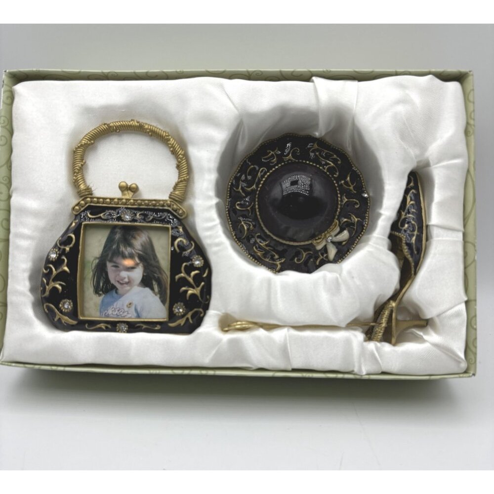 Enameled Pewter Hat Trinket Box, Purse Photo Frame & Card Holder-NOS Vintage